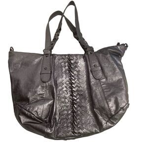ELLIOTT LUCCA Women’s Silver Metallic Braided Handbag Tote 15X3X9